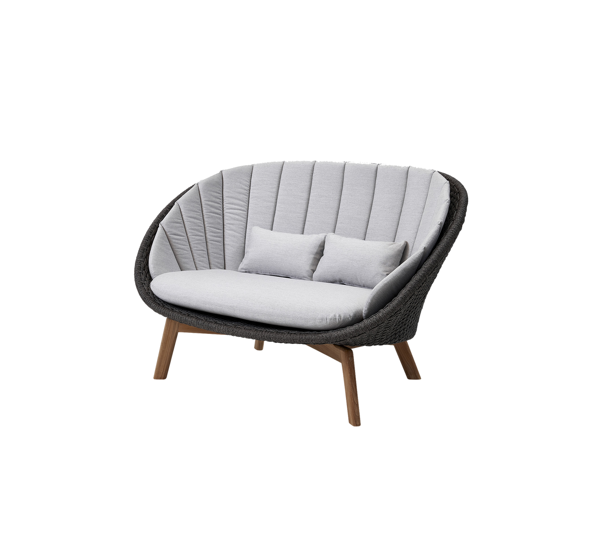 Cane-line Peacock 2-seater Sofa in Dark Grey Soft Rope, shown with Light Grey Natté cushions sold separately, teak legs