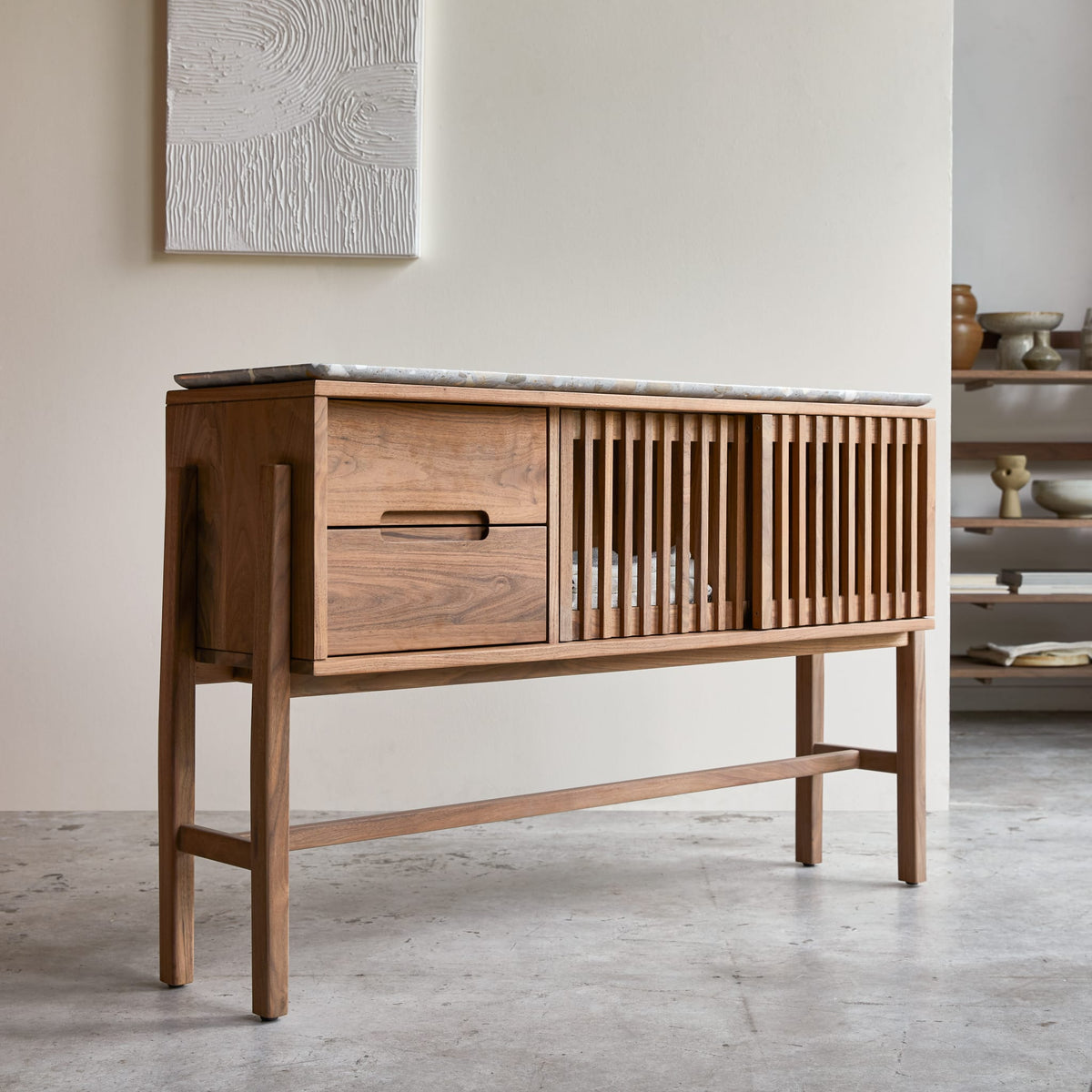 Tikamoon Isaure walnut and terrazzo console table, three-quarter view