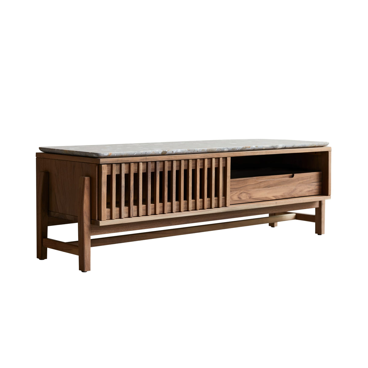 Tikamoon Isaure TV stand in solid walnut with a terrazzo top, three-quarter view