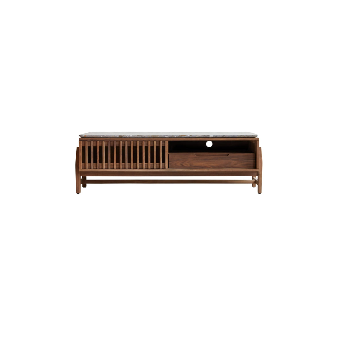 Tikamoon Isaure TV stand in solid walnut with a terrazzo top, styled in a living room