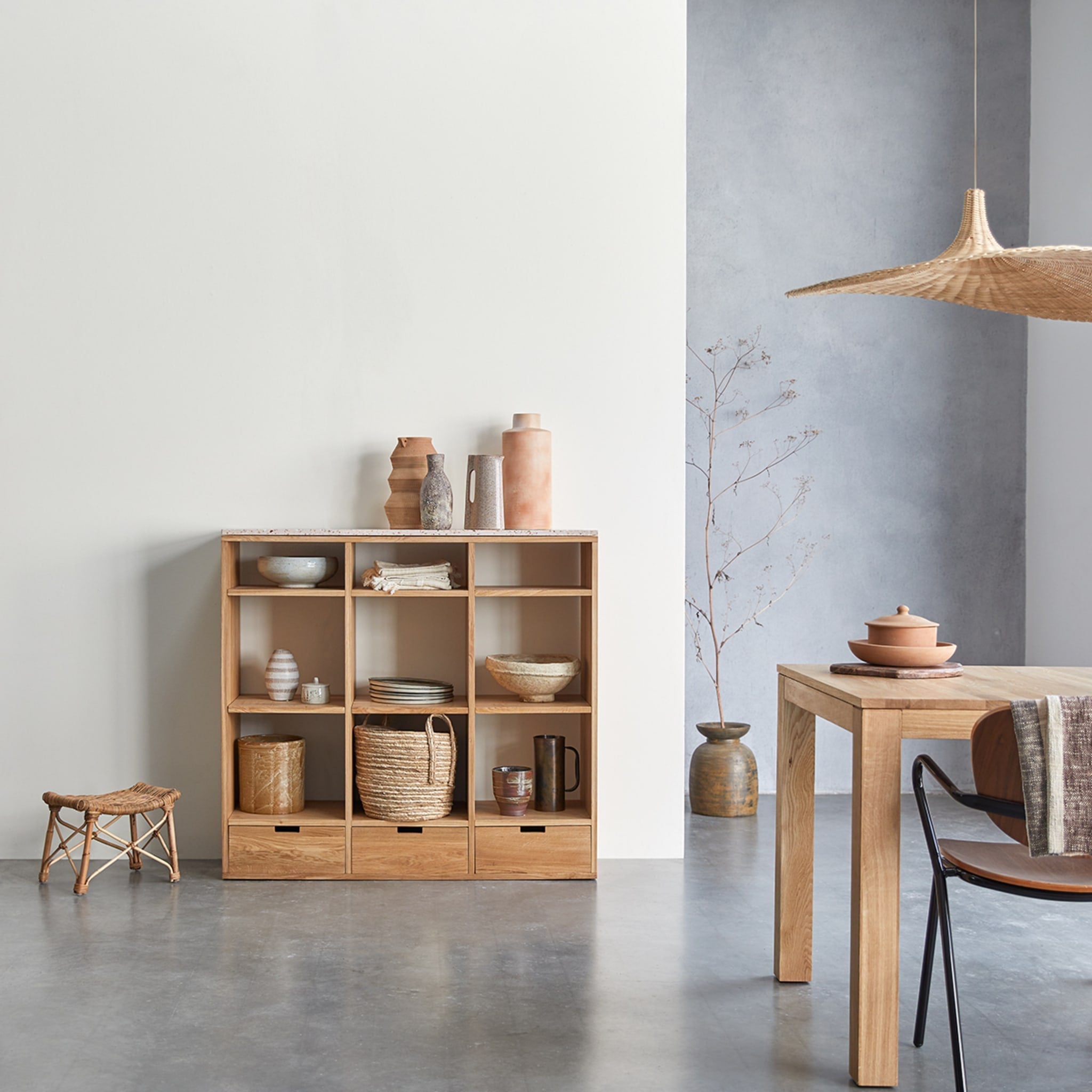Tikamoon Miho console table in solid oak with a terrazzo top