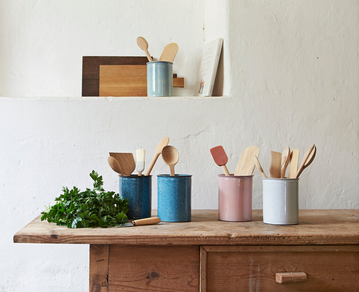 Knabstrup Utensil Holder in ocean green, styled in an interior setting, glazed terracotta
