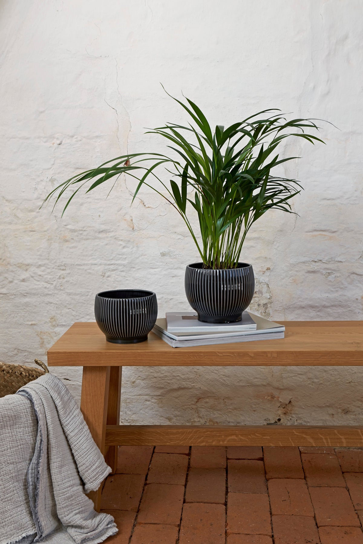 Knabstrup Ripple Flowerpot in black, styled in an interior setting, glazed earthenware