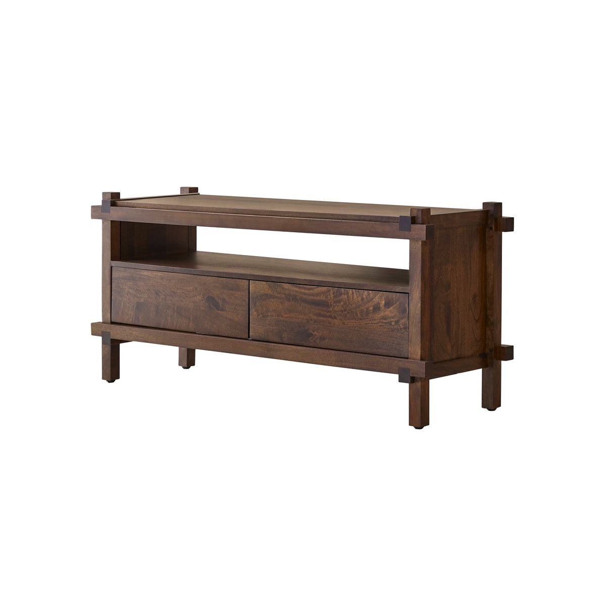 Tikamoon Arko mango TV stand in a styled living room, wide view
