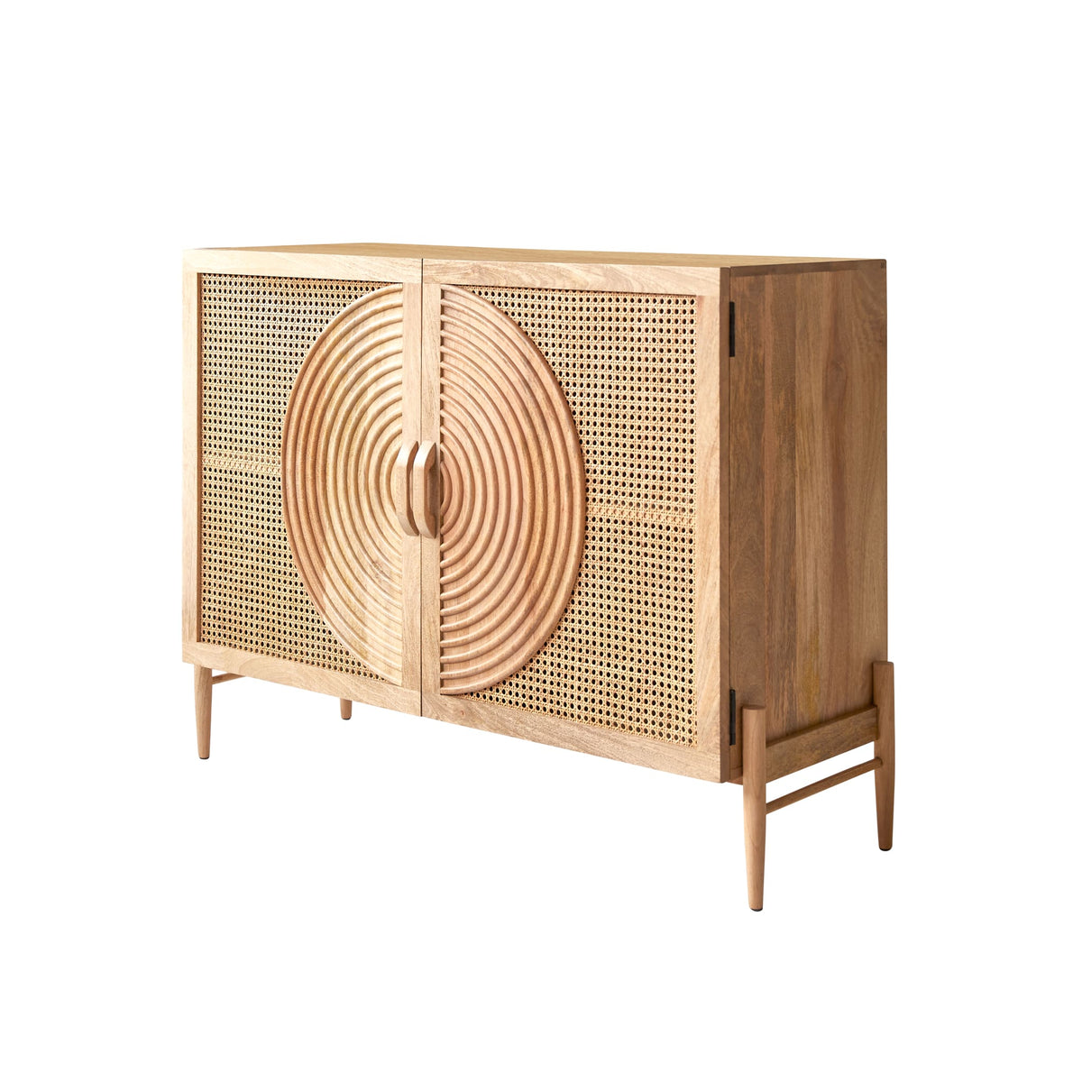 Tikamoon Sina mango and rattan sideboard styled with decor in a hallway