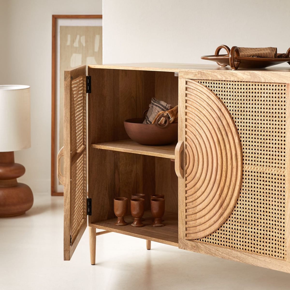 Tikamoon Sina mango and rattan sideboard, top-down view of the surface