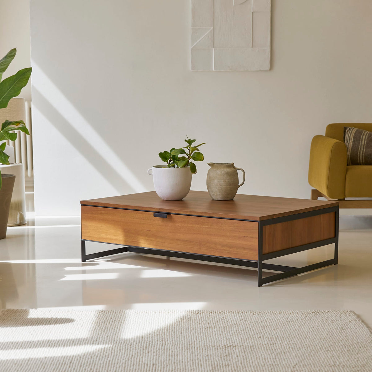 Tikamoon Urban acacia coffee table, front view with the drawer closed