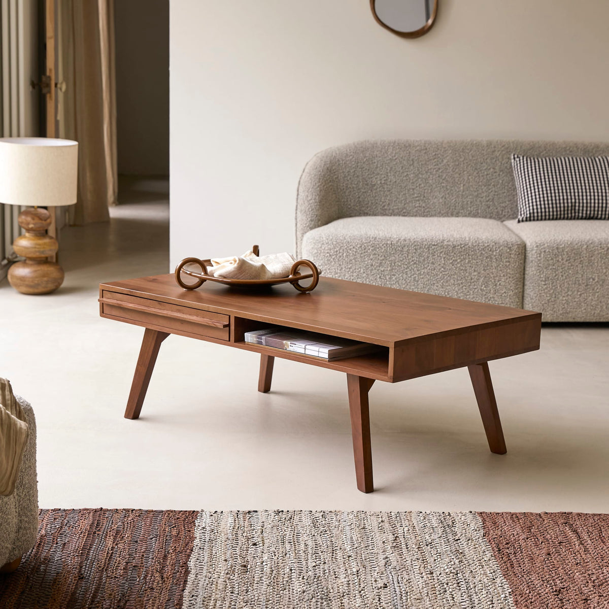 Tikamoon Niels acacia coffee table, front view with the drawer closed