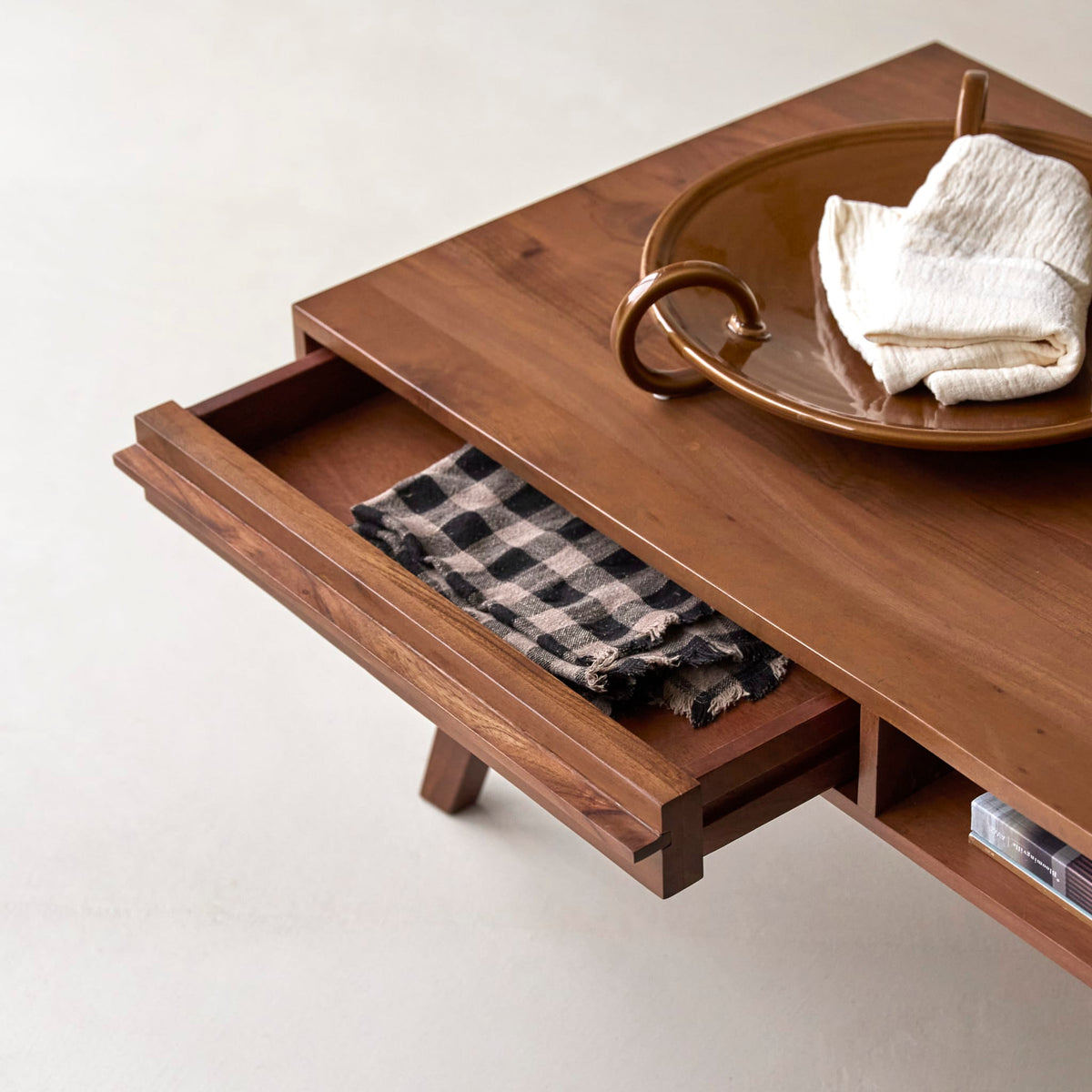 Tikamoon Niels acacia coffee table, close-up of the drawer front
