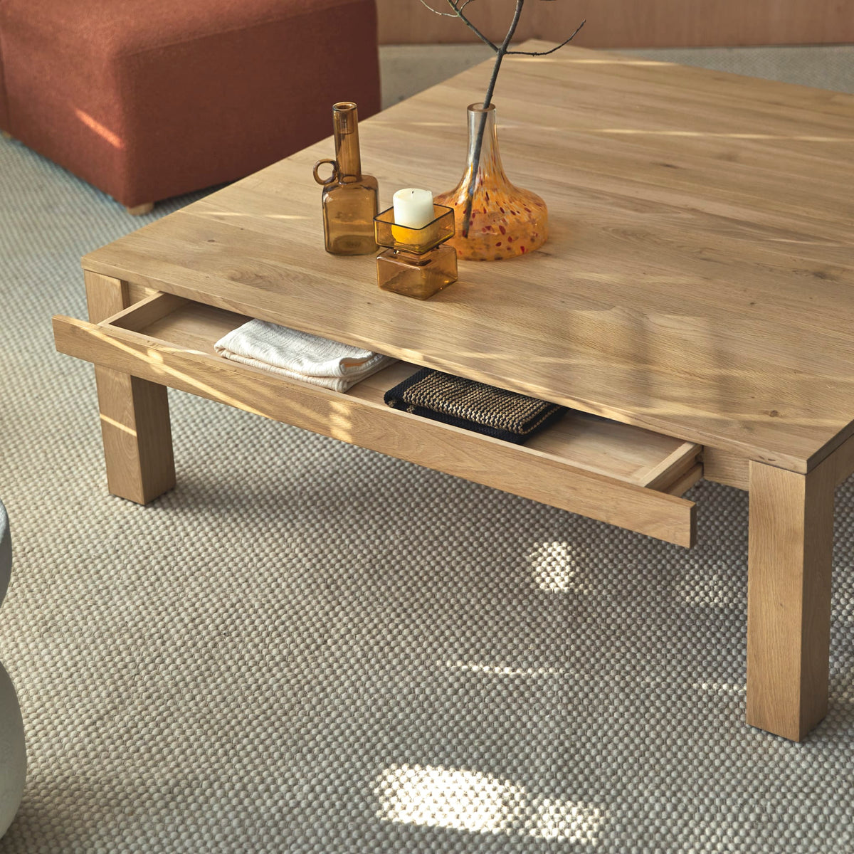 Tikamoon Eden oak coffee table, top view of the square surface