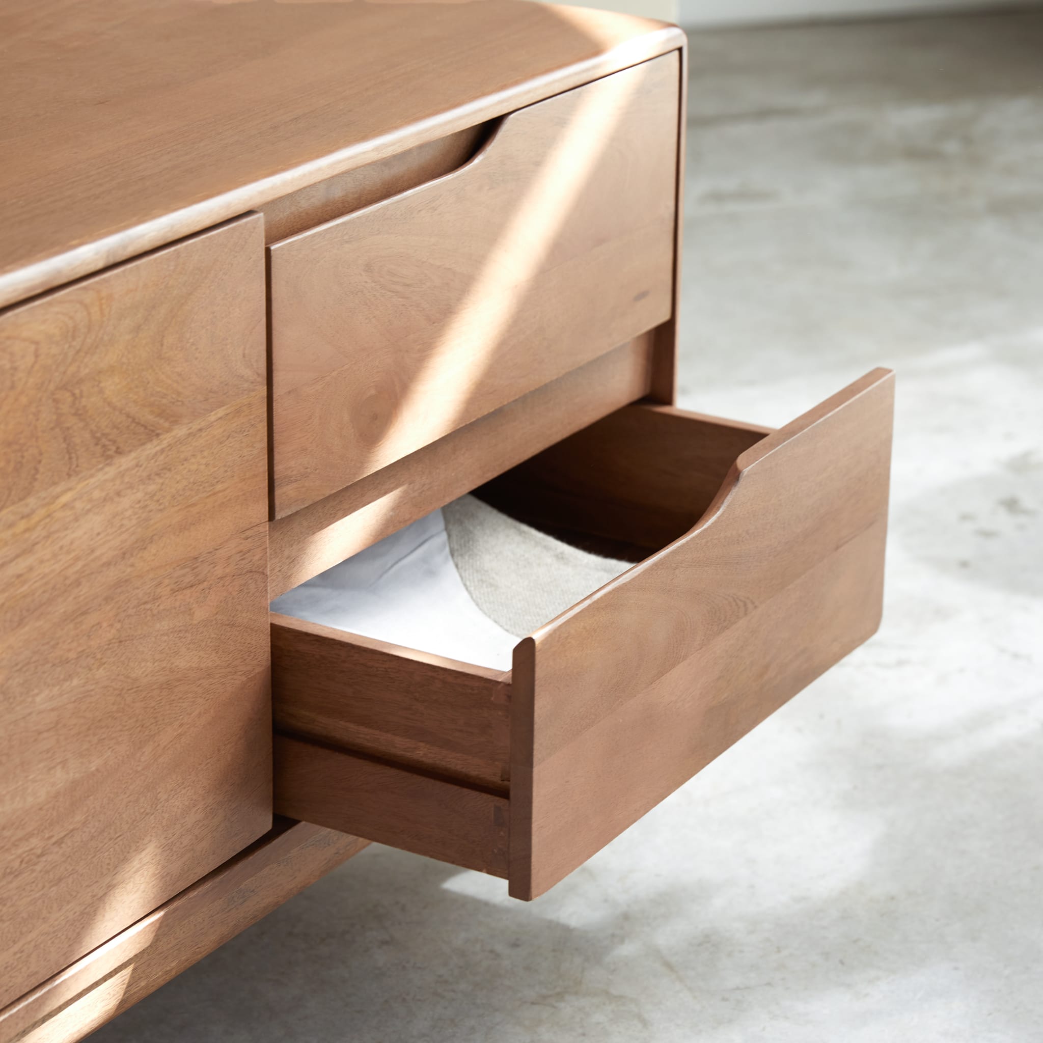 Tikamoon Gabrielle TV stand in solid mango wood, opposite side view