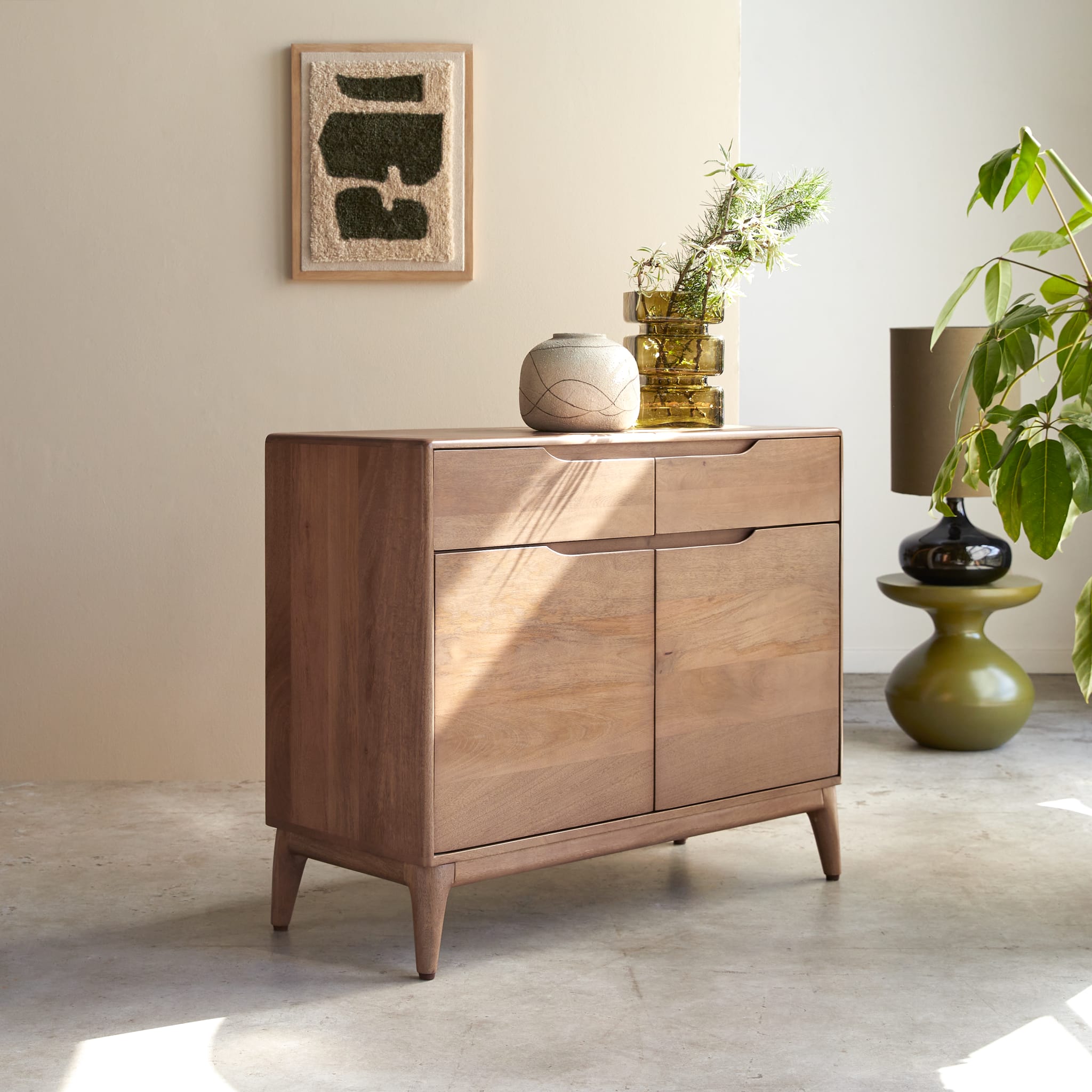 Tikamoon Gabrielle 39" sideboard in solid mango wood, angled view