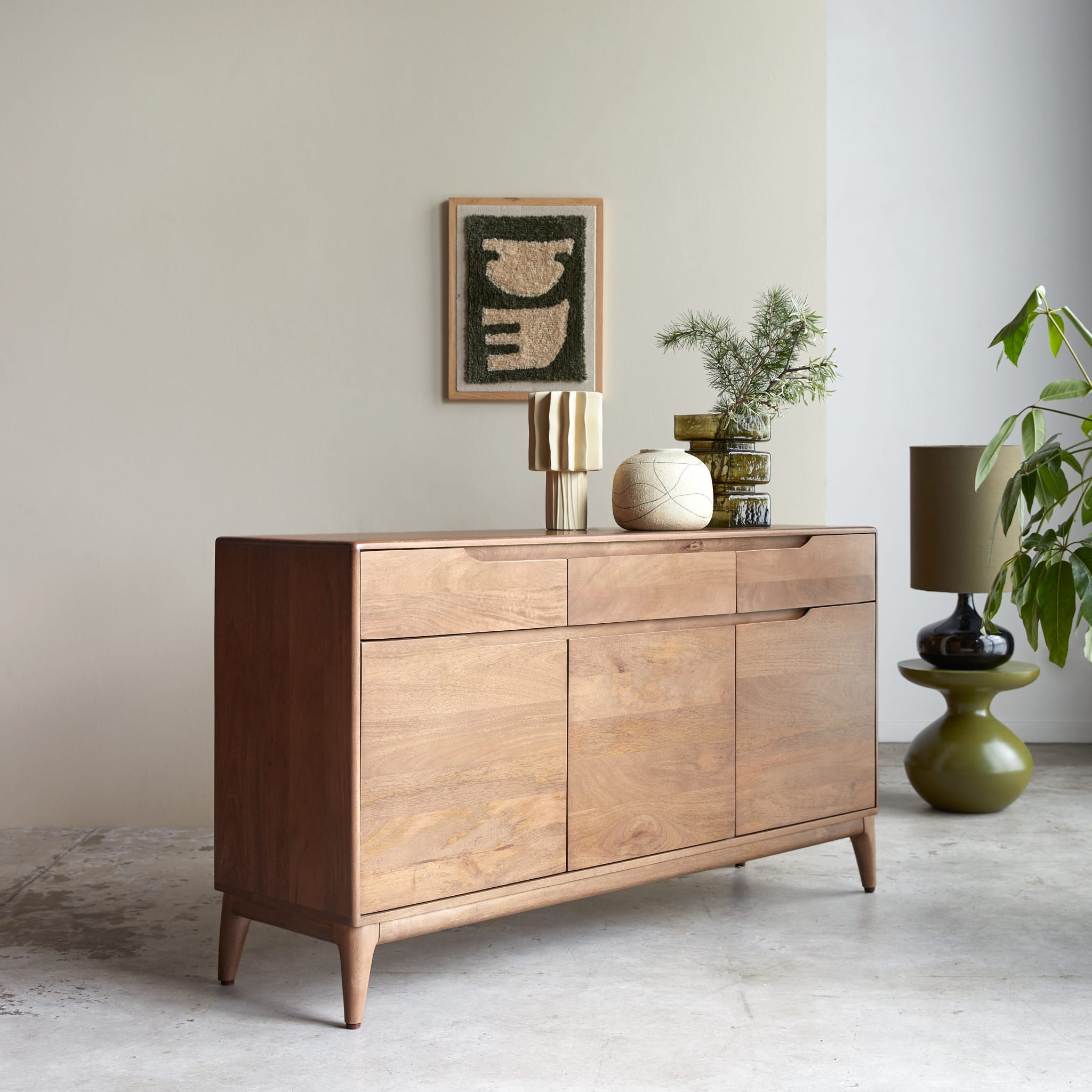 Tikamoon Gabrielle 59" sideboard in solid mango wood, three-quarter view
