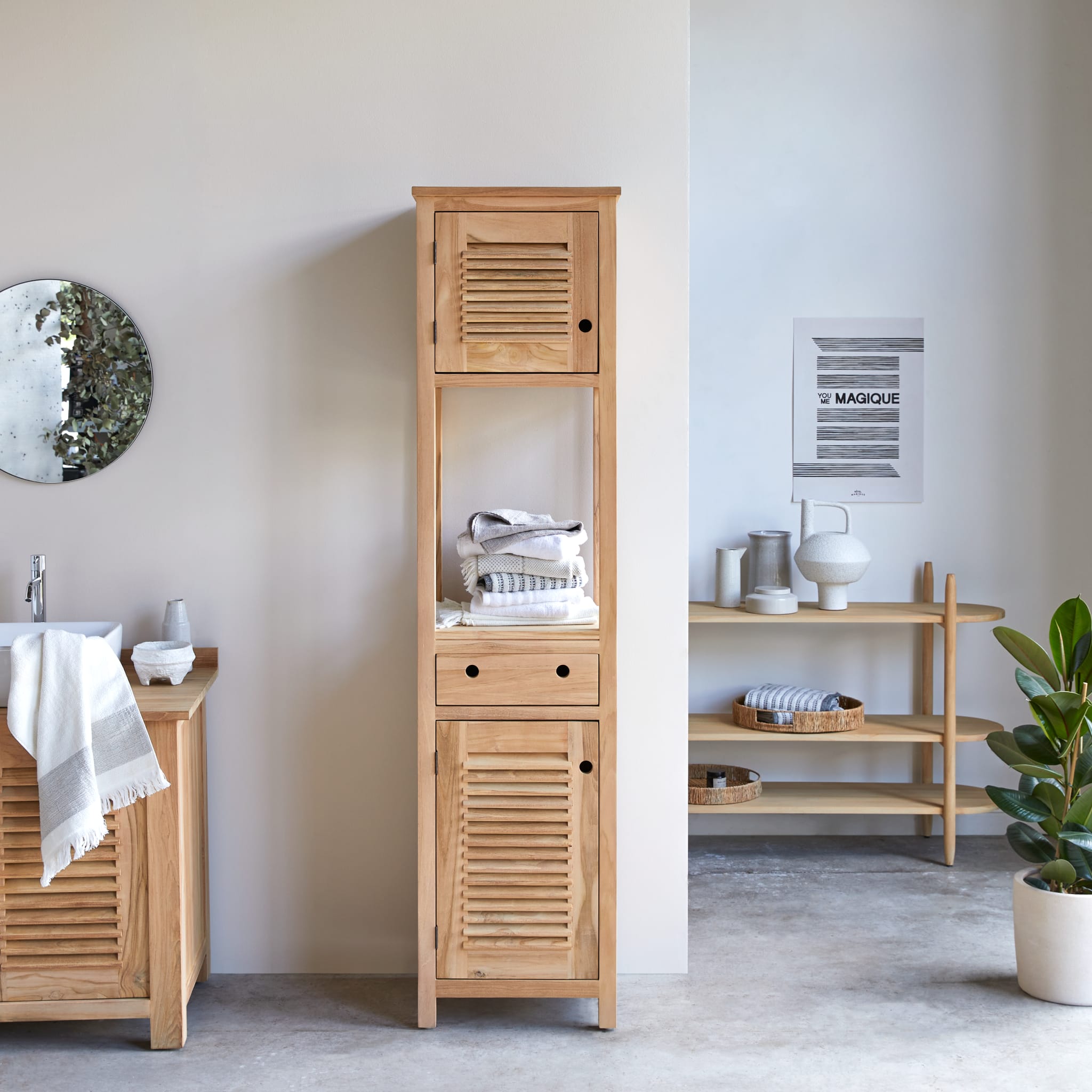 Coline solid teak bathroom cabinet, front view