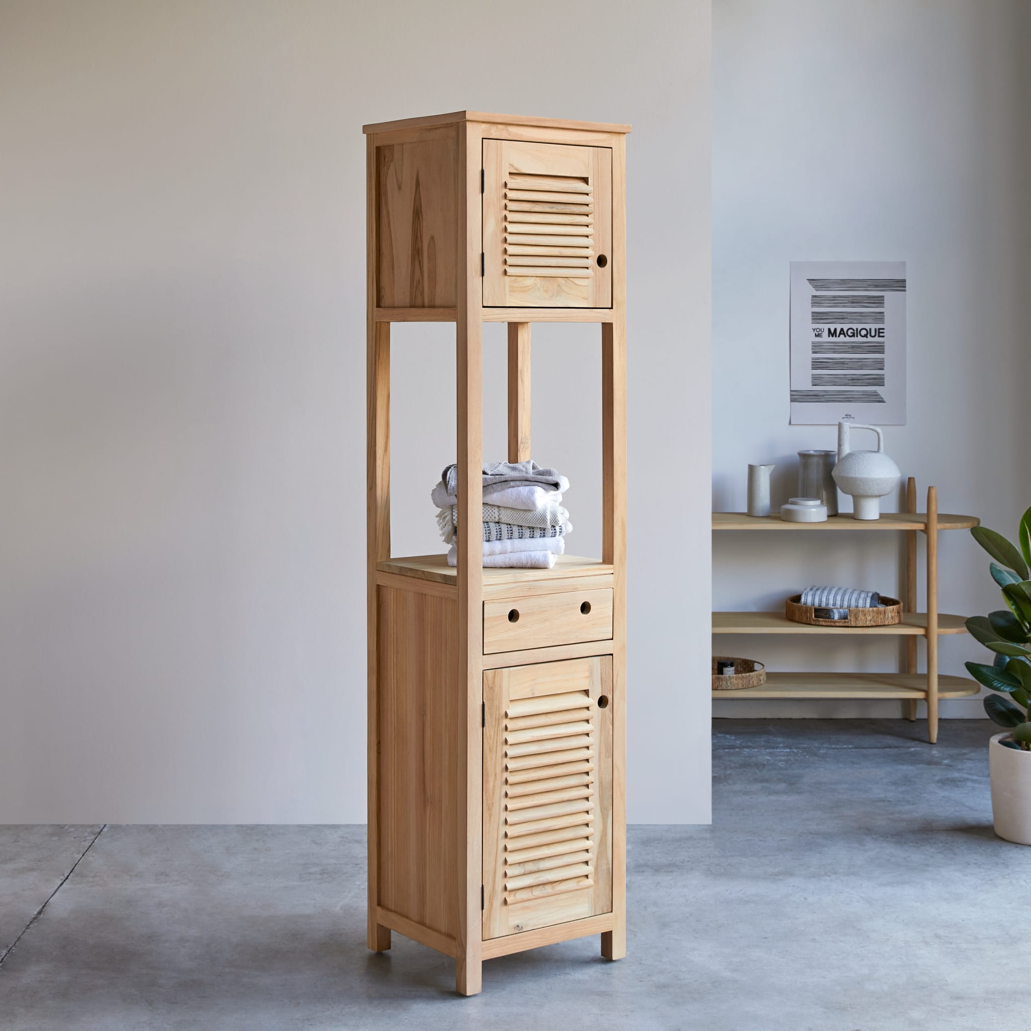 Coline teak bathroom cabinet, open cabinet and drawer view