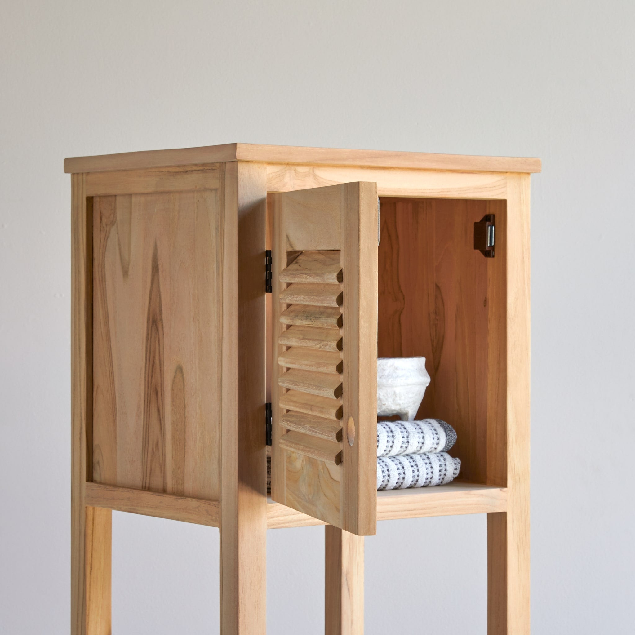 Coline teak bathroom cabinet, styled bathroom setting