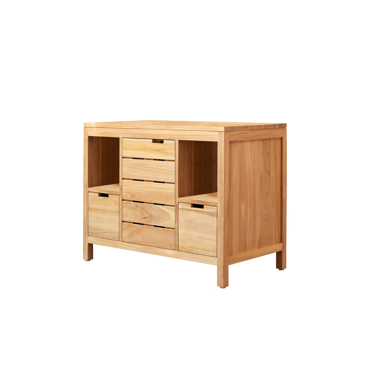 Tikamoon Serena solid teak vanity cabinet styled in a bathroom, wider room view