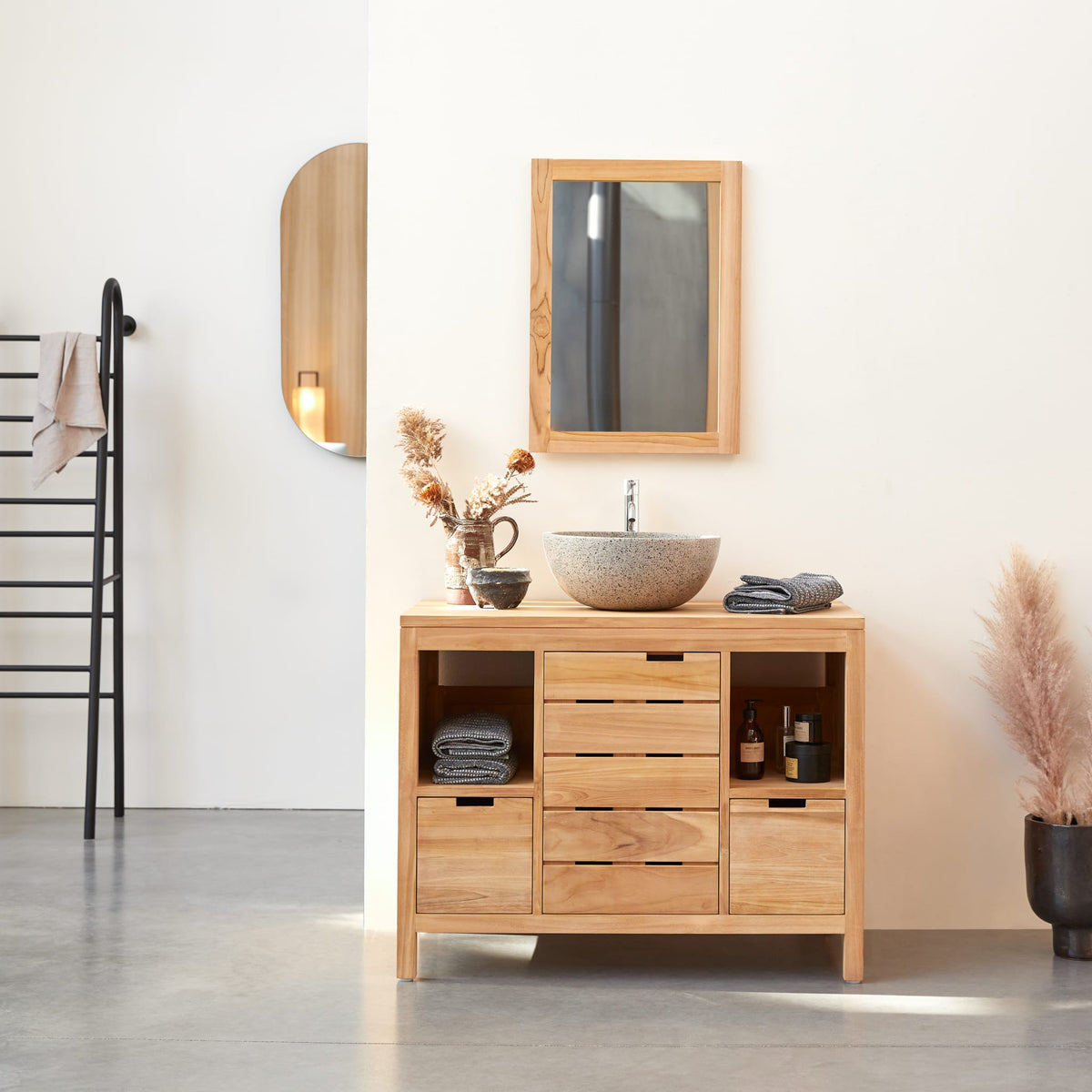 Tikamoon Serena single vanity cabinet in solid teak, angled view