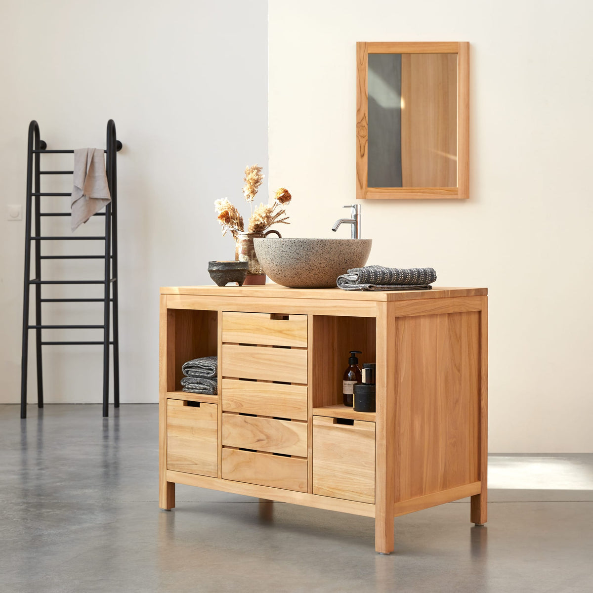 Tikamoon Serena solid teak vanity cabinet, rear view