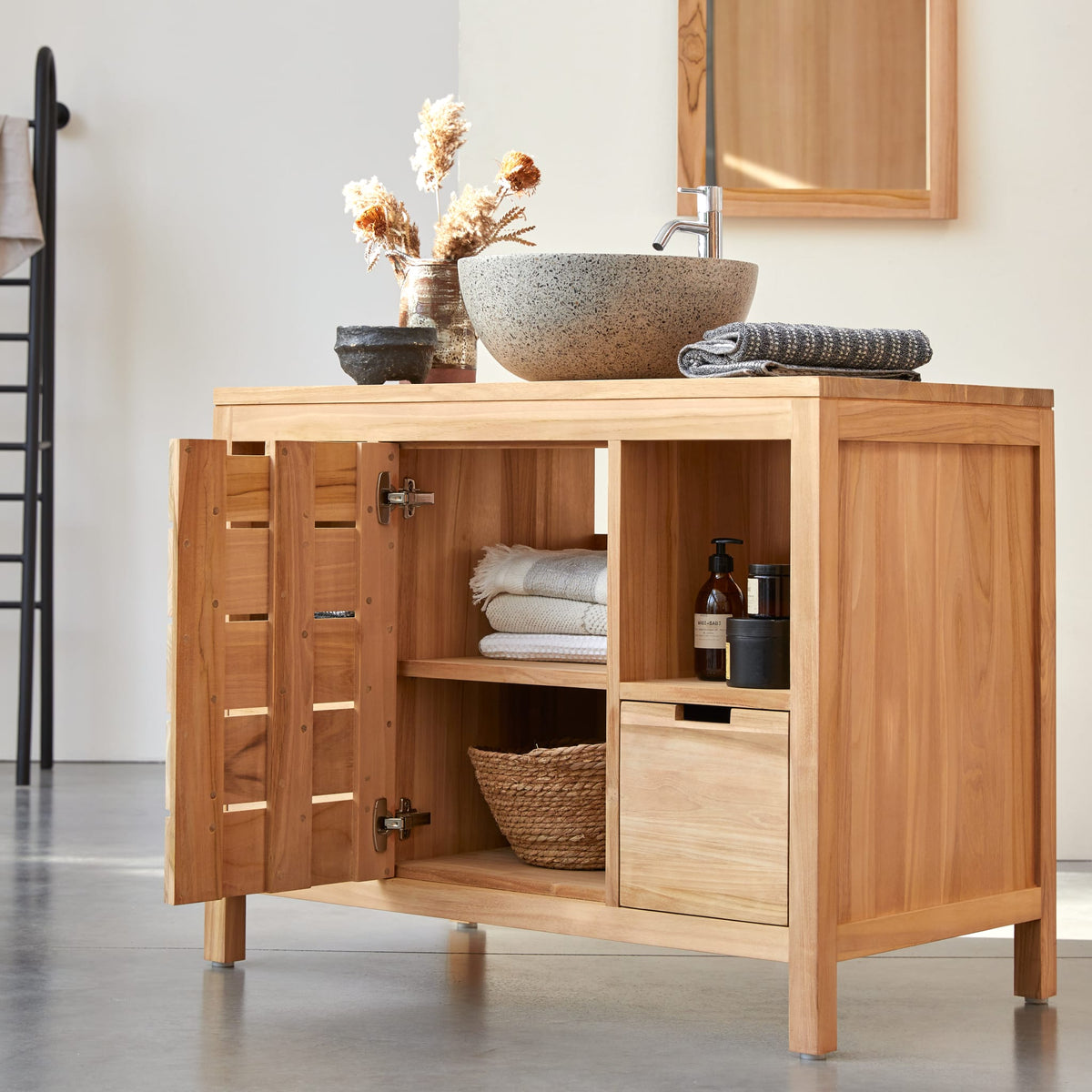 Tikamoon Serena solid teak vanity cabinet, front view