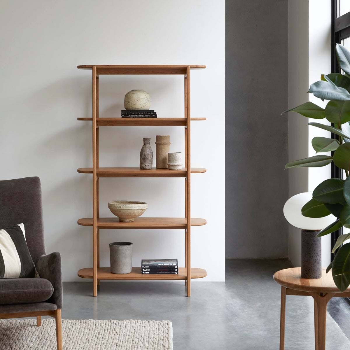 Tikamoon Rozenn bookcase in solid oak, angled view