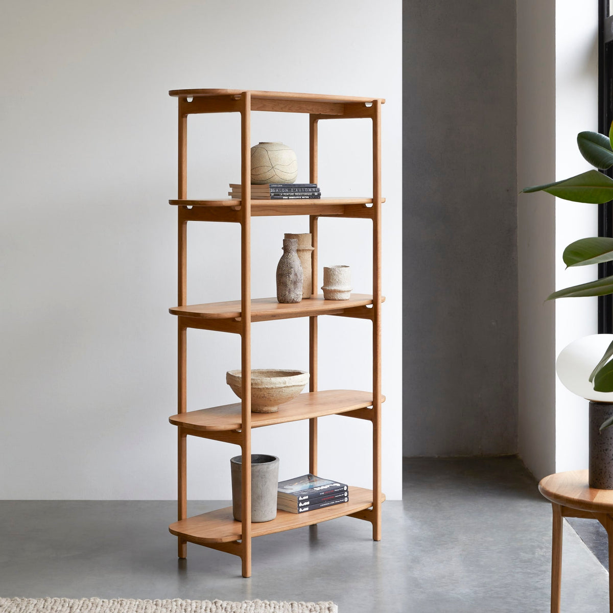 Tikamoon Rozenn oak bookcase, three-quarter view