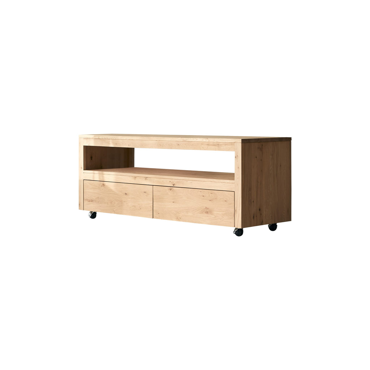 Tikamoon Anoa TV stand in solid oak, styled in a living room