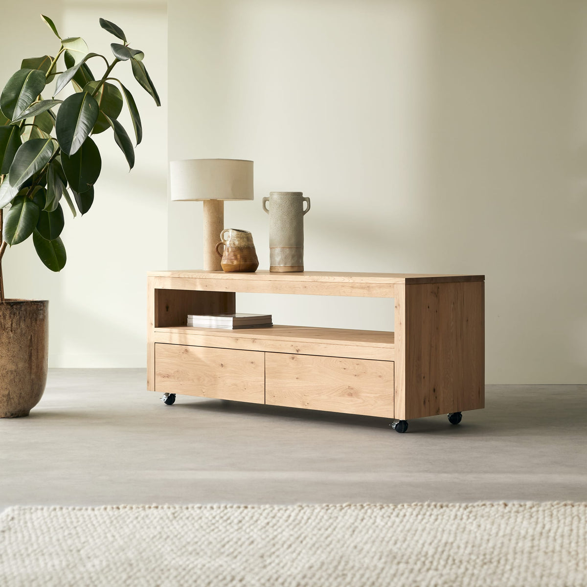 Tikamoon Anoa TV stand in solid oak, detail of the drawer fronts