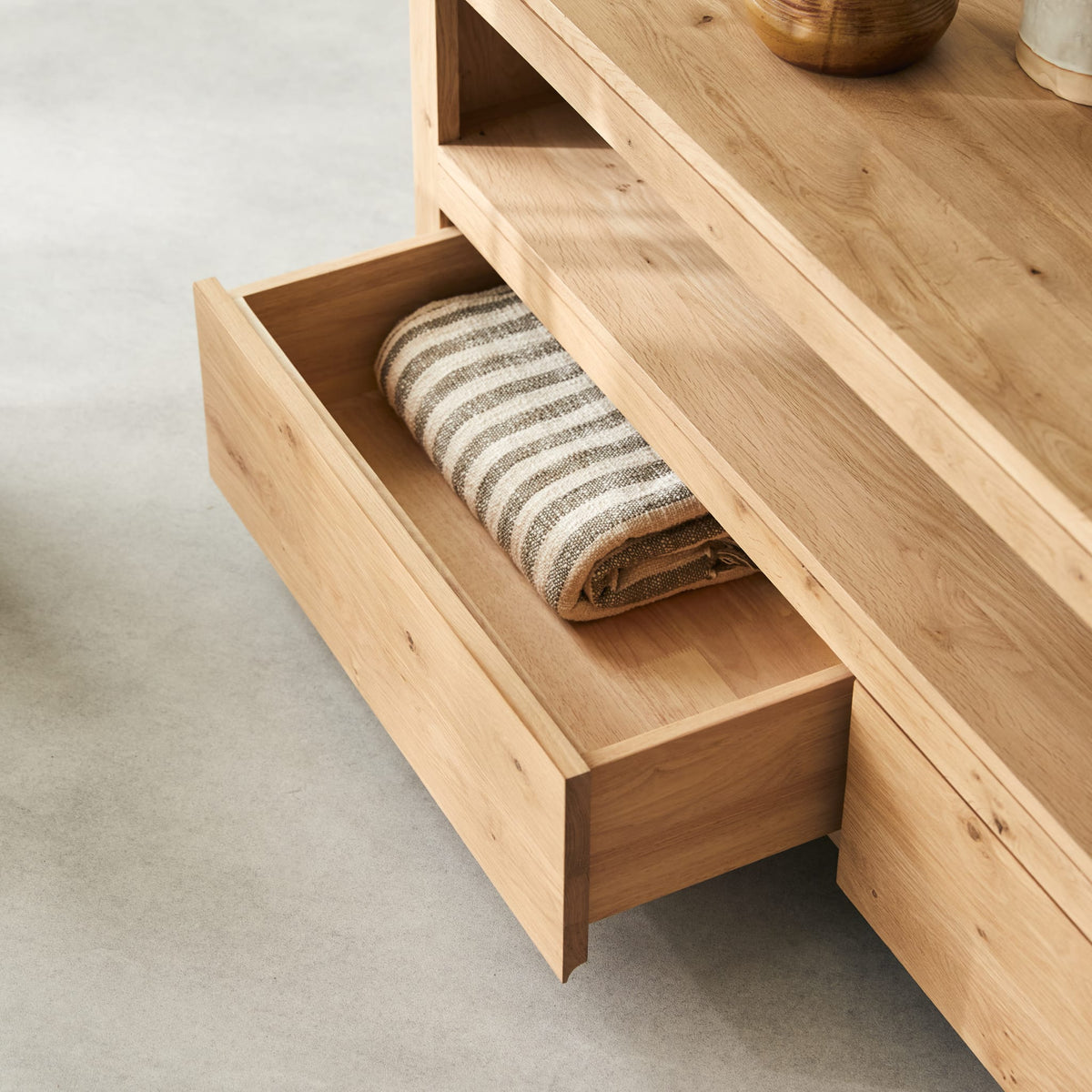 Tikamoon Anoa TV stand in solid oak, front view