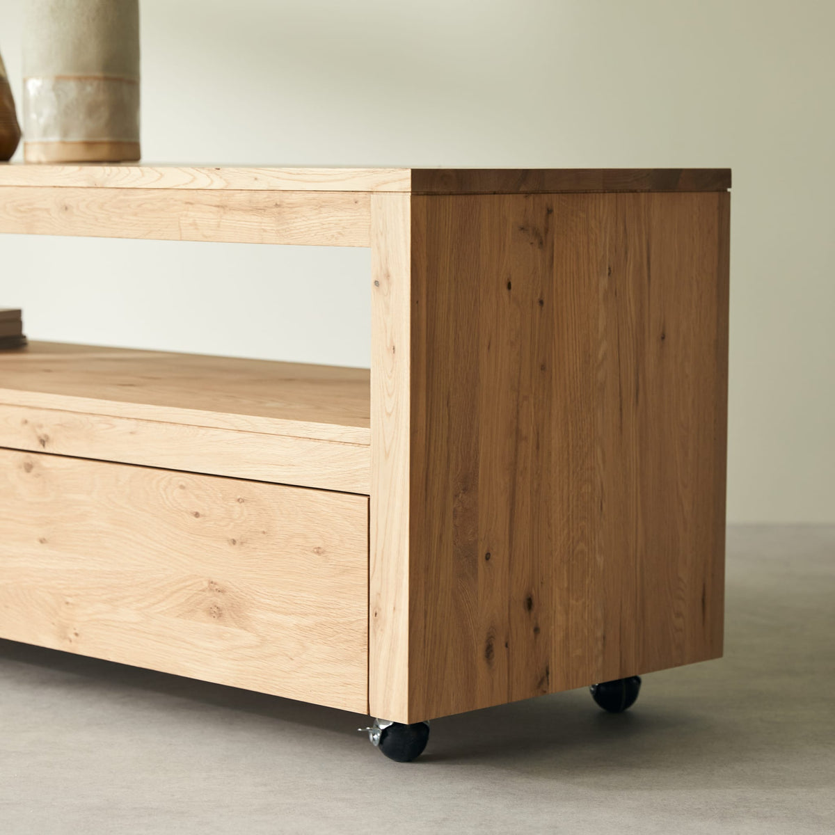 Tikamoon Anoa TV stand in solid oak, side view