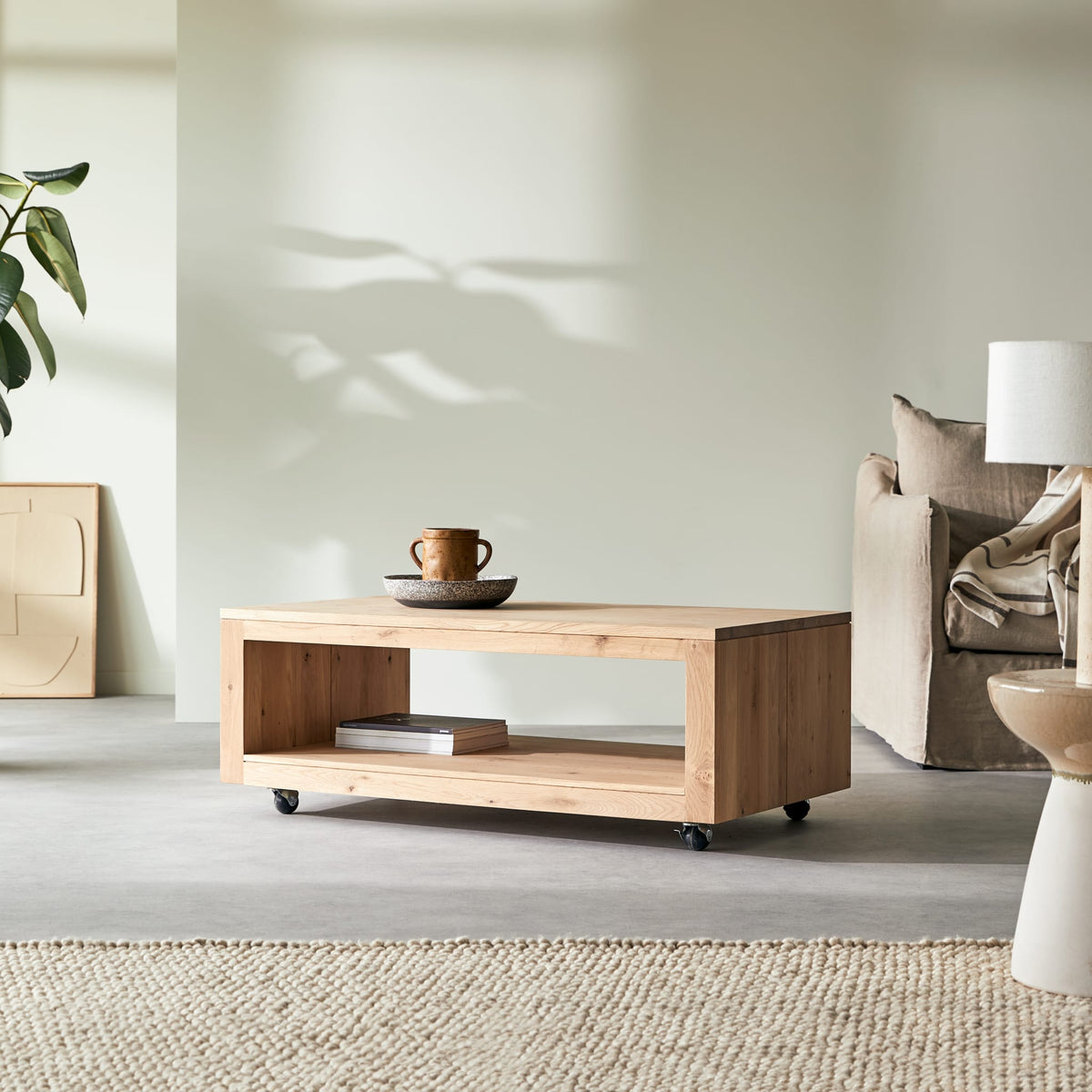 Tikamoon Anoa rectangular coffee table in solid oak, three-quarter view