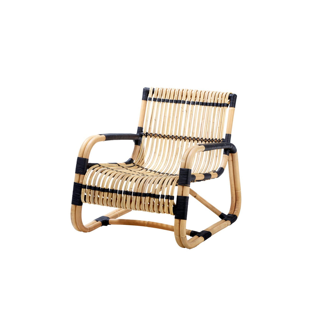 Cane Line Curve Lounge Chair Woven chair with black accents on a white background