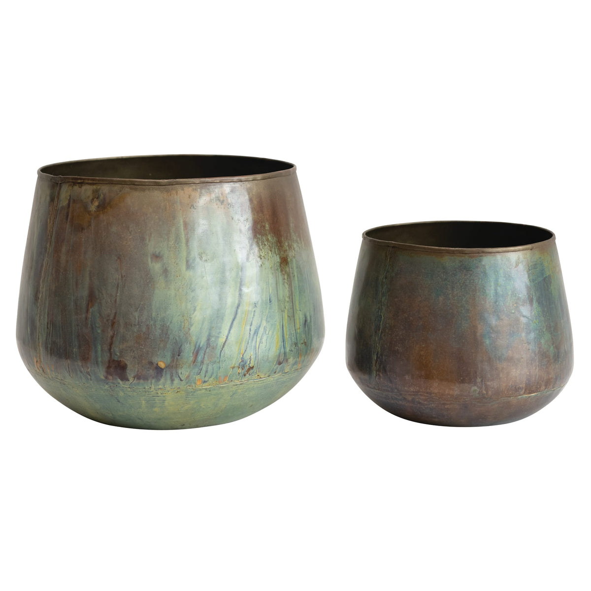 Tikamoon Olivia round metal planters in oxidized green, angled view of both sizes