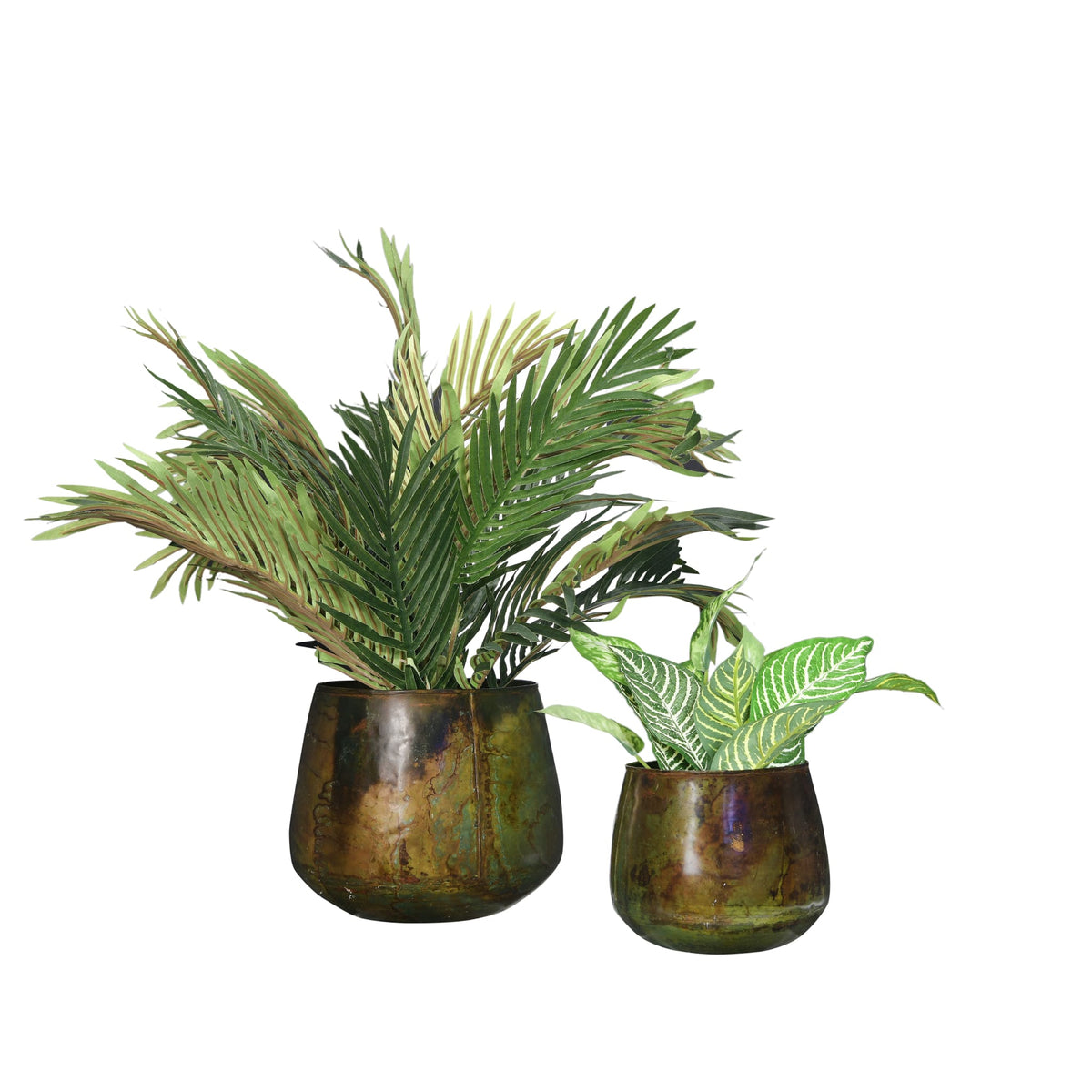 Tikamoon Olivia round metal planters in oxidized green, front view of the pair