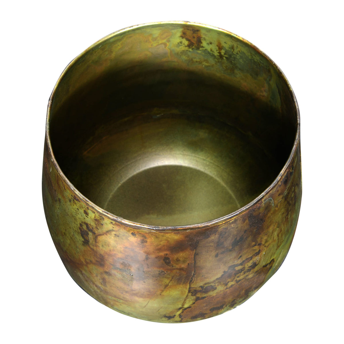 Tikamoon Olivia oxidized green planter, close-up of the weathered brass finish