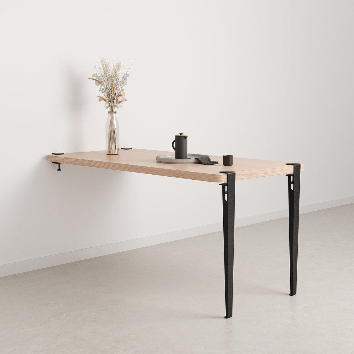 Tiptoe Wall Desk 150 x 75 cm in Graphite Black, oak veneer top on powder-coated steel