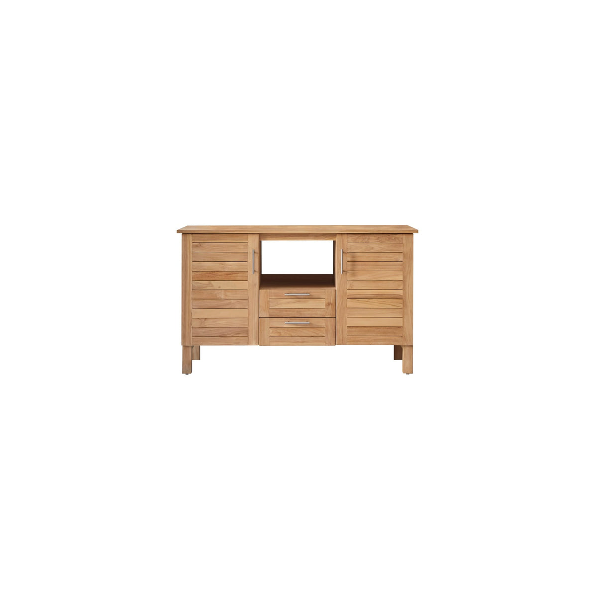 Tikamoon Soho teak vanity cabinet styled in a bathroom