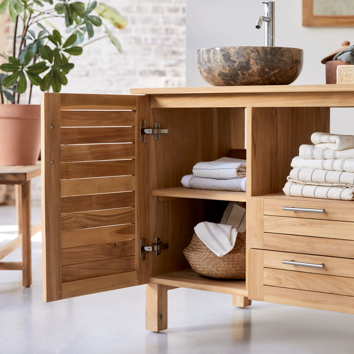 Tikamoon Soho teak vanity cabinet, close-up of the drawer front