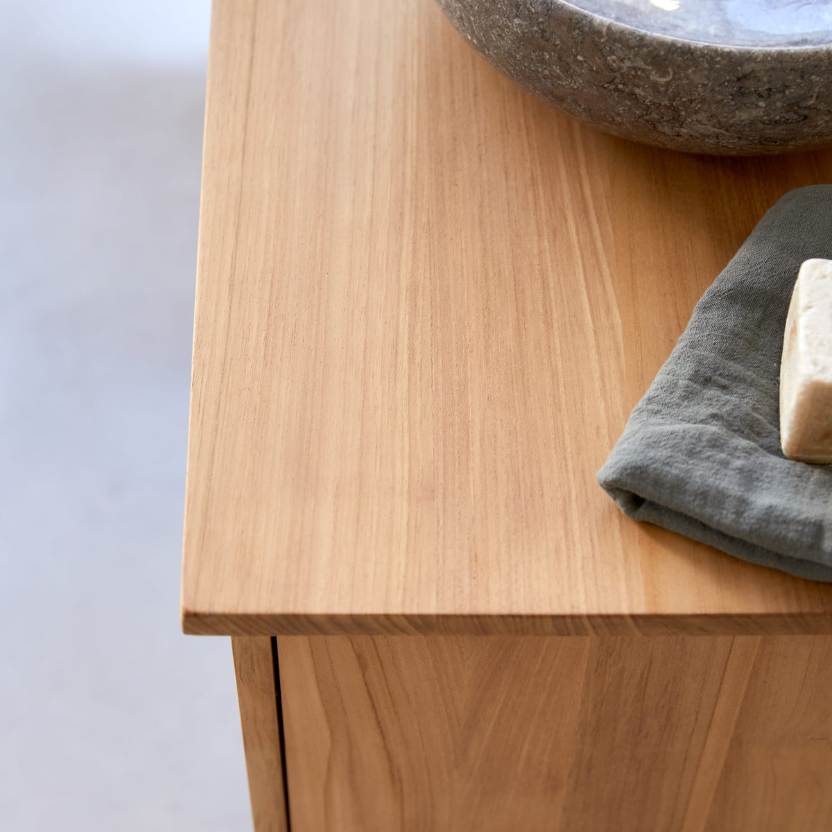 Tikamoon Soho teak vanity cabinet, front view