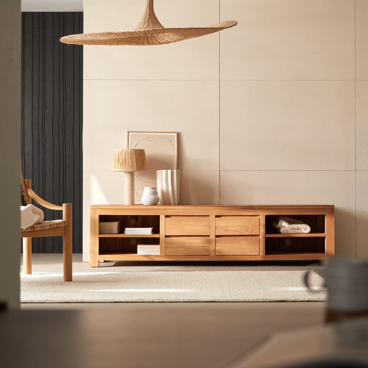 Tikamoon Patio TV stand in solid teak, angled view