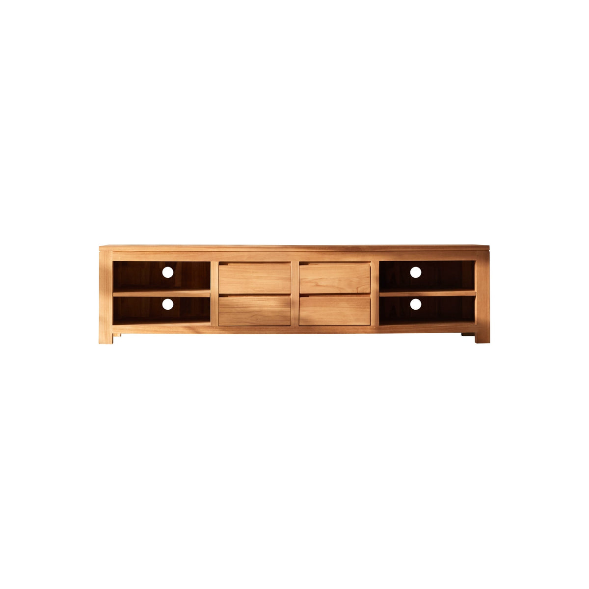 Tikamoon Patio TV stand in solid teak, styled in a living room