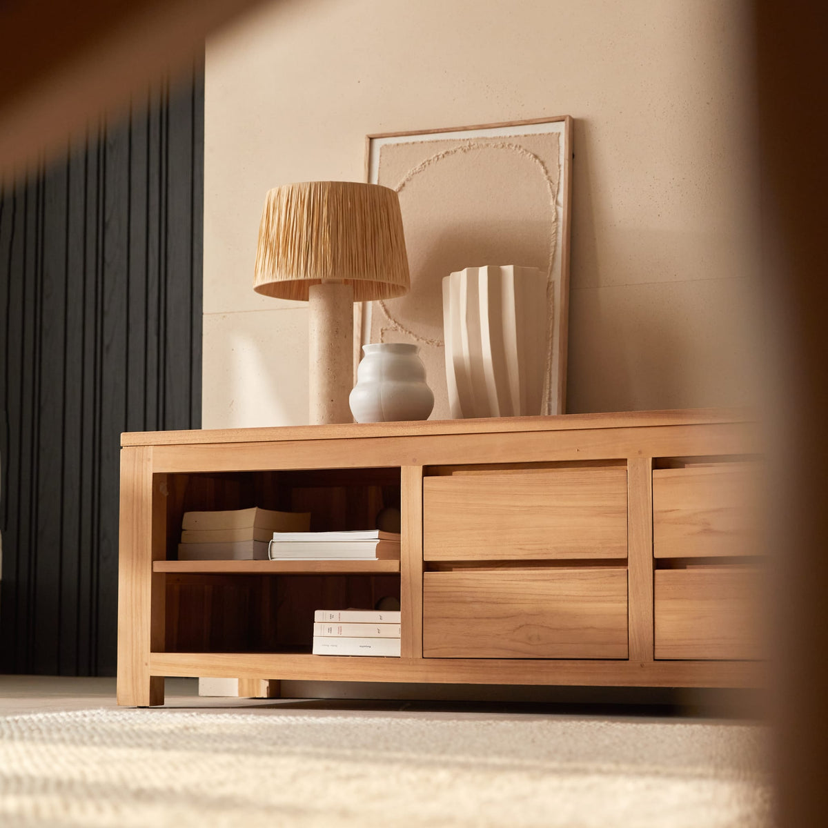 Tikamoon Patio TV stand in solid teak, front view showing the open bays