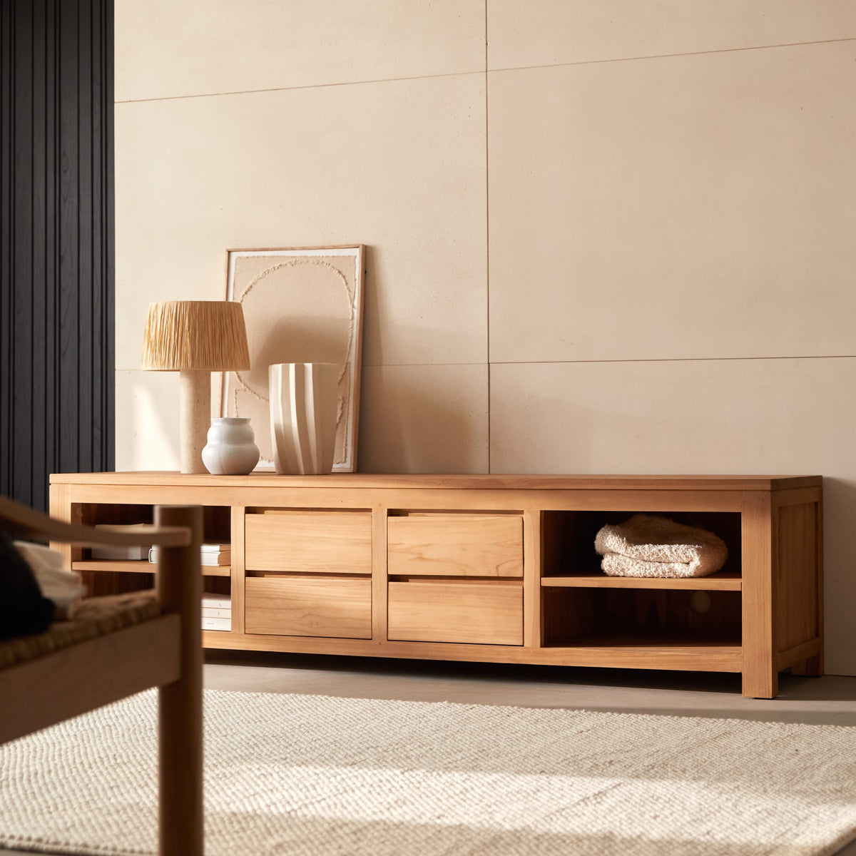 Tikamoon Patio TV stand in solid teak, side view