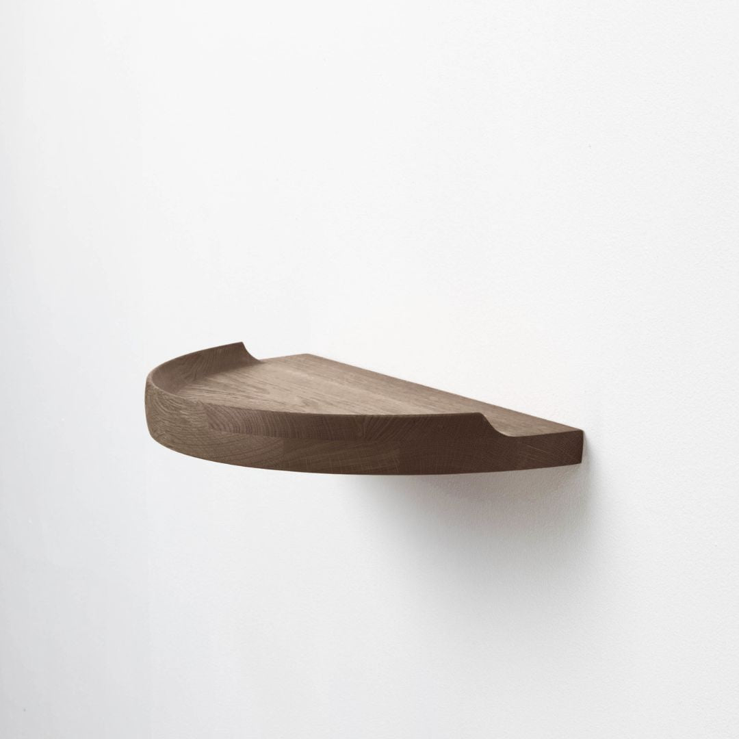 Aakjaer Arcus Console Shelf in smoked oak, a 17.7 in half-moon solid oak wall shelf