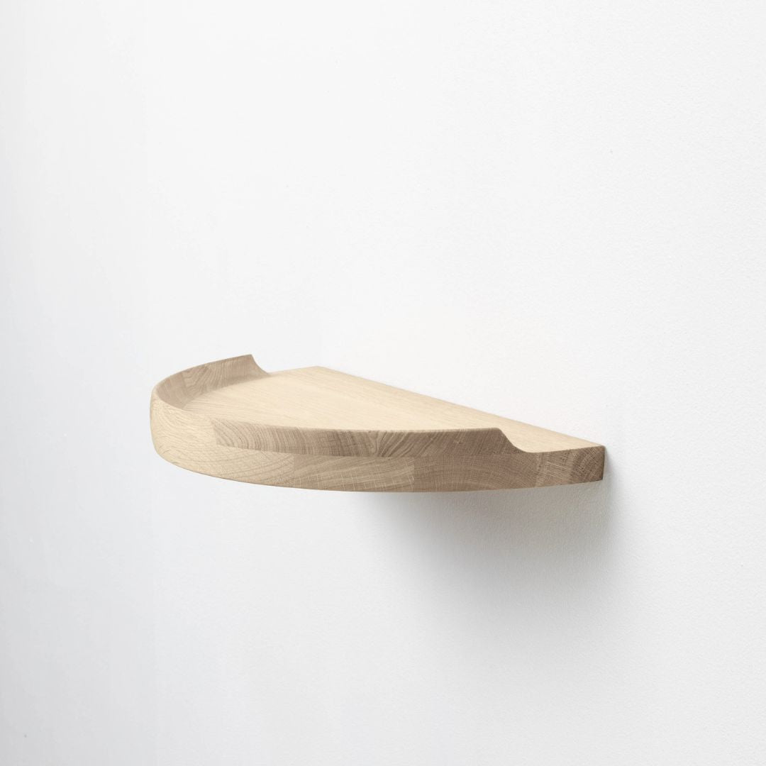 Aakjaer Arcus Console Shelf in white oiled oak, a 17.7 in half-moon solid oak wall shelf