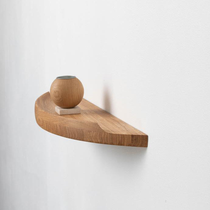 Aakjaer Arcus Shelf Small in natural oiled oak with a round oak vase on top