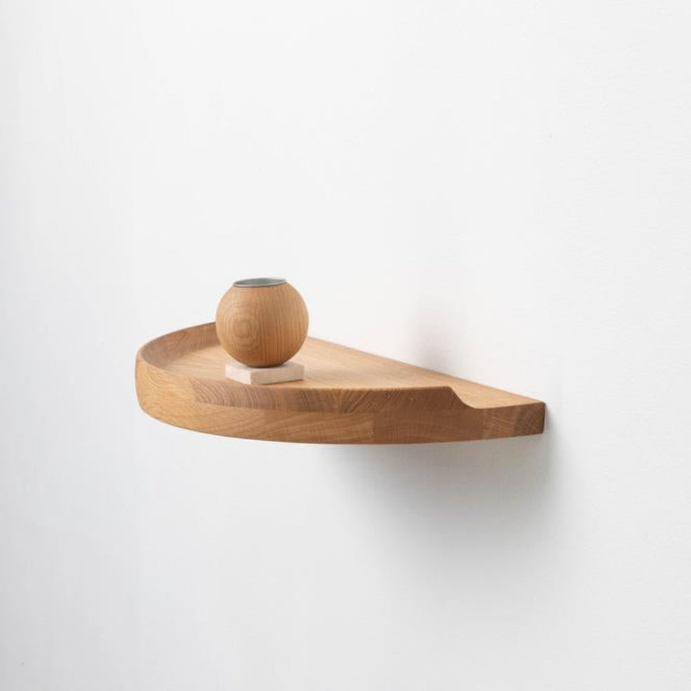 Aakjaer Arcus Console Shelf in natural oiled oak with a round oak vase on top