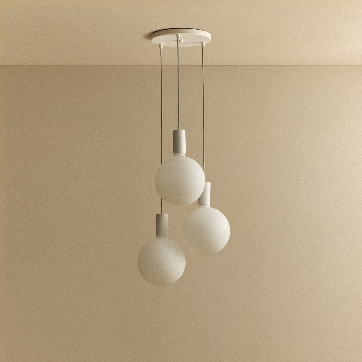 Alumina Triple Pendant with Sphere V bulbs by Tala, scale reference view of the fixture