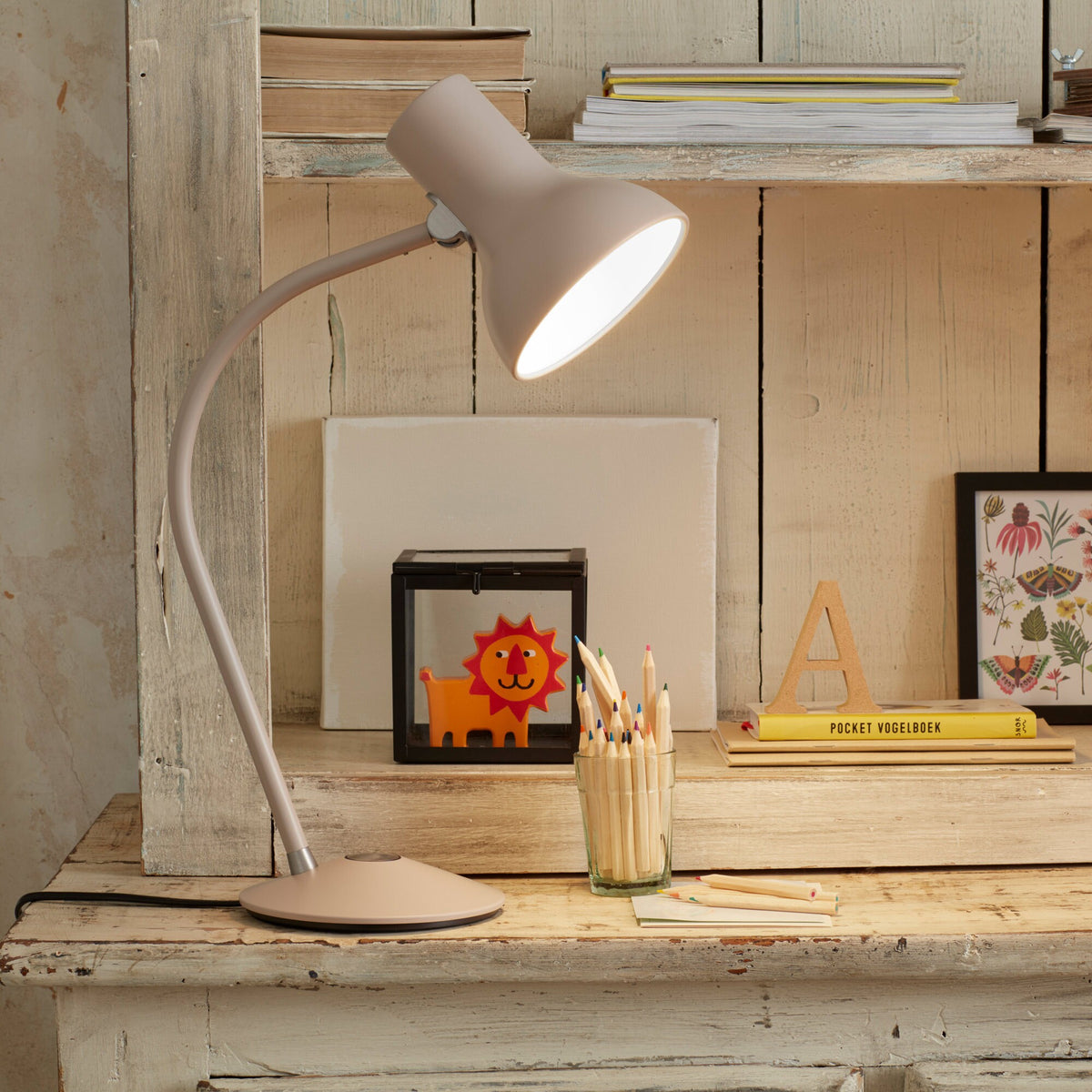 Anglepoise Type 75 Mini table lamp in Mole Gray on a wooden desk with books