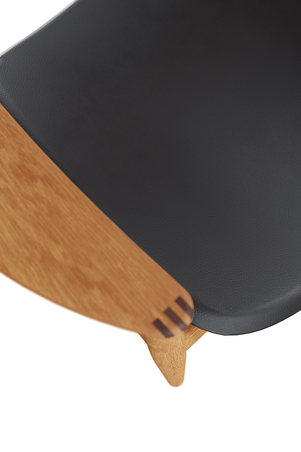 Detail of Bent Hansen Asger Lounge Chair showing the black leather seat and oak armrest